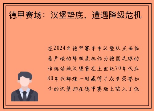 德甲赛场：汉堡垫底，遭遇降级危机